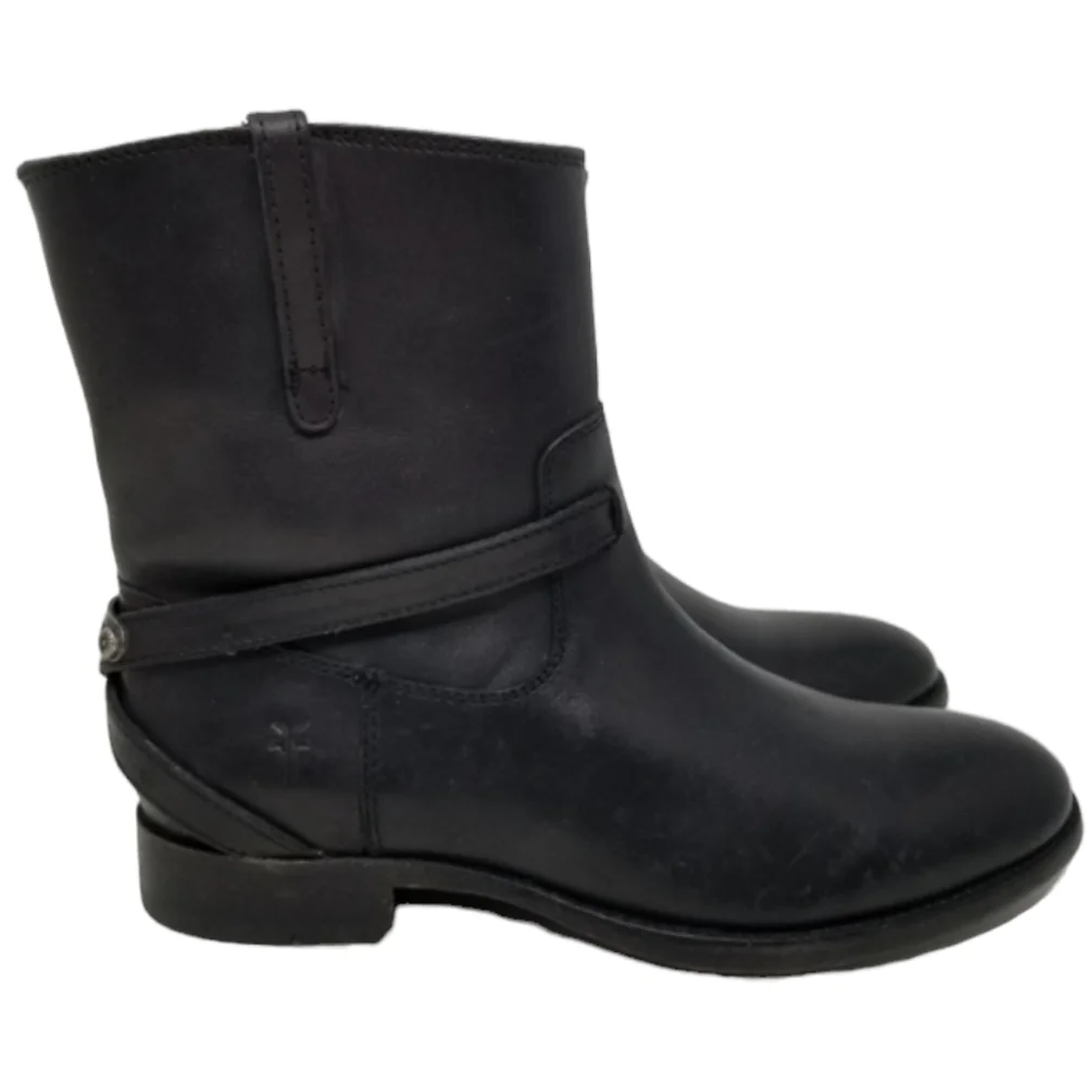 Frye Womens Lindsay Plate Short Boots Black Leather Moto Size 6.5 Straps Pull On